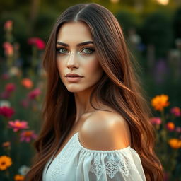 A stunningly realistic portrait of a woman with striking features, capturing her expressive emerald green eyes and long, flowing chestnut hair