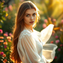 A stunningly realistic portrait of a woman with striking features, capturing her expressive emerald green eyes and long, flowing chestnut hair