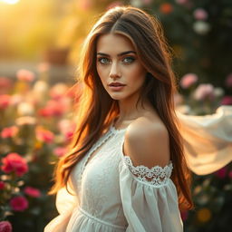 A stunningly realistic portrait of a woman with striking features, capturing her expressive emerald green eyes and long, flowing chestnut hair