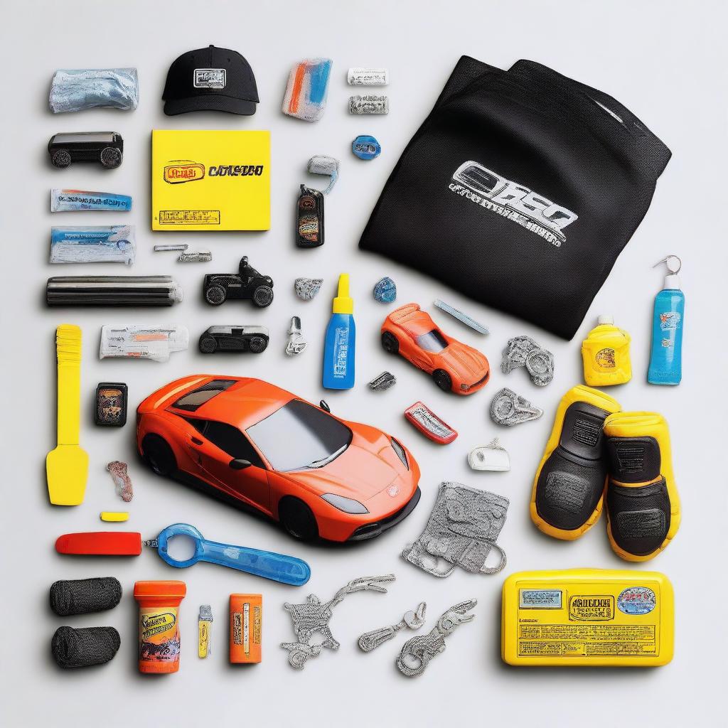 An engaging image detailing the 'car bro starter kit', inclusive of items such as a sleek sports car model, mechanic gloves, a collection of hot wheel cars, car modification magazines, and novelty gearshift keychain