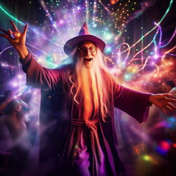 Gandalf the wizard joyfully dancing and partying at a lively, colorful rave with enchanting light effects and jubilant atmosphere.