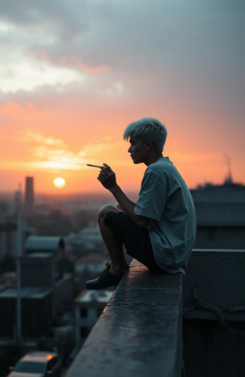 A short young man with white hair sits on the edge of a high rooftop, holding a cigarette in his hand that emits wisps of smoke