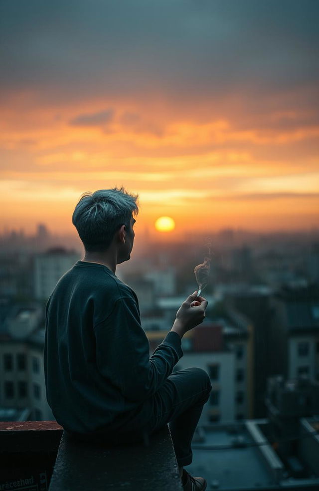 A short young man with white hair sits on the edge of a high rooftop, holding a cigarette in his hand that emits wisps of smoke