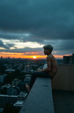 A short young man with white hair sits on the edge of a high rooftop, holding a cigarette in his hand that emits wisps of smoke