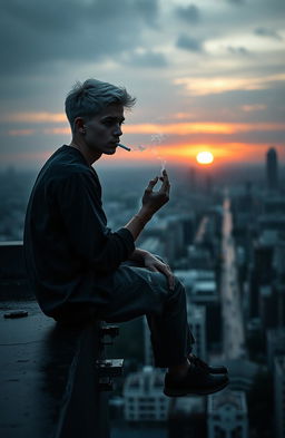 A short young man with white hair sits on the edge of a high rooftop, holding a cigarette in his hand that emits wisps of smoke