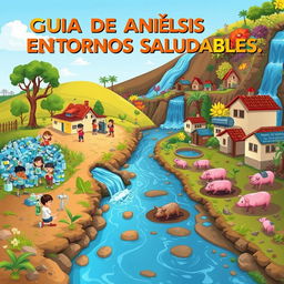 A vibrant digital illustration depicting a community by a clean stream with contrasting scenes
