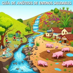 A vibrant digital illustration depicting a community by a clean stream with contrasting scenes