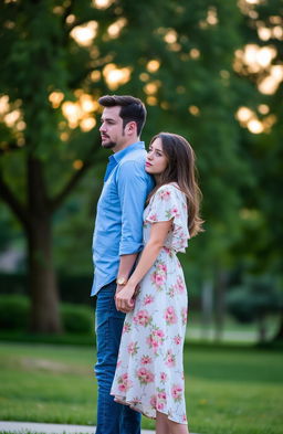 A male and female couple standing close together, each holding hands but looking away from each other with nervous expressions
