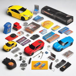 An engaging image detailing the 'car bro starter kit', inclusive of items such as a sleek sports car model, mechanic gloves, a collection of hot wheel cars, car modification magazines, and novelty gearshift keychain