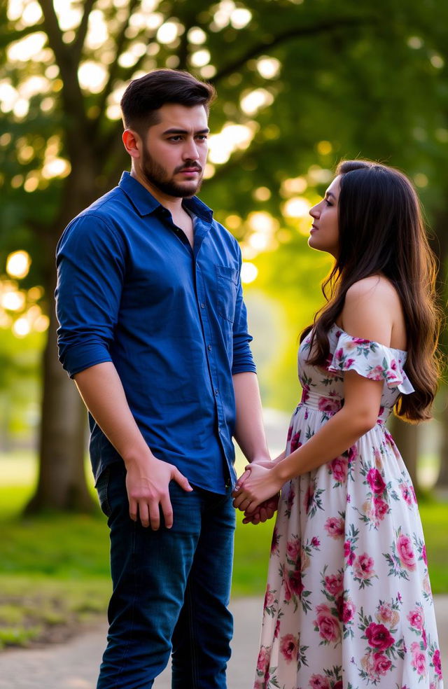 A male and female couple standing close together, each holding hands but looking away from each other with nervous expressions