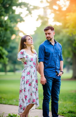 A male and female couple standing close together, each holding hands but looking away from each other with nervous expressions