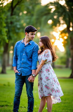 A male and female couple standing close together, each holding hands but looking away from each other with nervous expressions