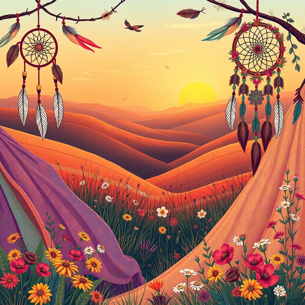 A bohemian style illustration featuring a lush, whimsical scene with vibrant colors and intricate patterns