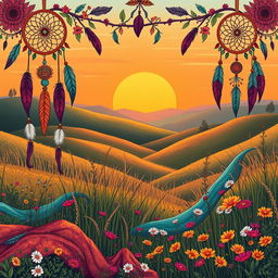 A bohemian style illustration featuring a lush, whimsical scene with vibrant colors and intricate patterns