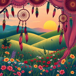 A bohemian style illustration featuring a lush, whimsical scene with vibrant colors and intricate patterns