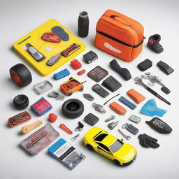 An engaging image detailing the 'car bro starter kit', inclusive of items such as a sleek sports car model, mechanic gloves, a collection of hot wheel cars, car modification magazines, and novelty gearshift keychain