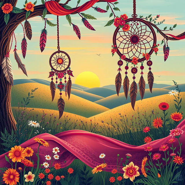 A bohemian style illustration featuring a lush, whimsical scene with vibrant colors and intricate patterns