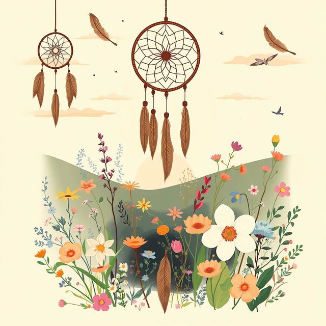 A bohemian illustration featuring a tranquil and artistic scene adorned with elements like dreamcatchers, feathers, and delicate floral patterns