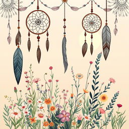 A bohemian illustration featuring a tranquil and artistic scene adorned with elements like dreamcatchers, feathers, and delicate floral patterns