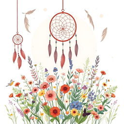 A bohemian illustration featuring a tranquil and artistic scene adorned with elements like dreamcatchers, feathers, and delicate floral patterns