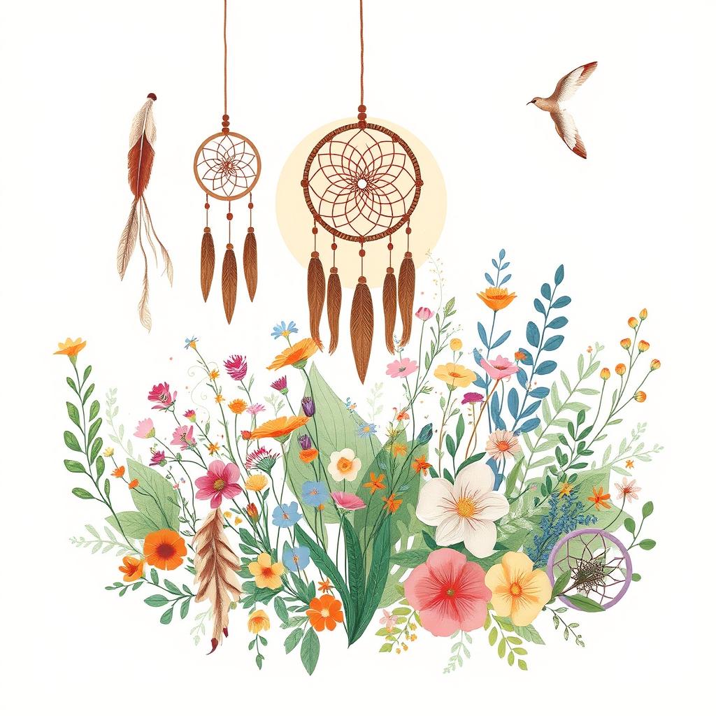 A bohemian illustration featuring a tranquil and artistic scene adorned with elements like dreamcatchers, feathers, and delicate floral patterns