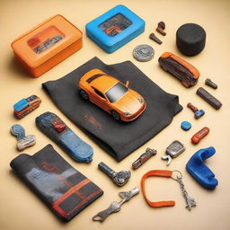 An engaging image detailing the 'car bro starter kit', inclusive of items such as a sleek sports car model, mechanic gloves, a collection of hot wheel cars, car modification magazines, and novelty gearshift keychain