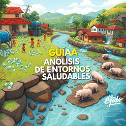 A captivating digital illustration depicting a community alongside a clean stream, showcasing contrasting scenes