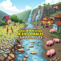 A captivating digital illustration depicting a community alongside a clean stream, showcasing contrasting scenes