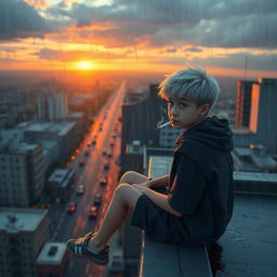 A short teenager with white hair holding a cigarette from which smoke is curling, sitting on the edge of a tall building's roof