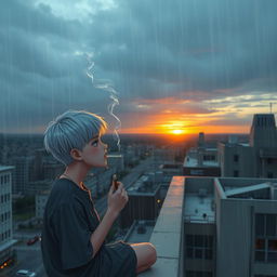 A short teenager with white hair holding a cigarette from which smoke is curling, sitting on the edge of a tall building's roof
