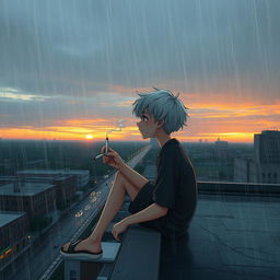 A short teenager with white hair holding a cigarette from which smoke is curling, sitting on the edge of a tall building's roof