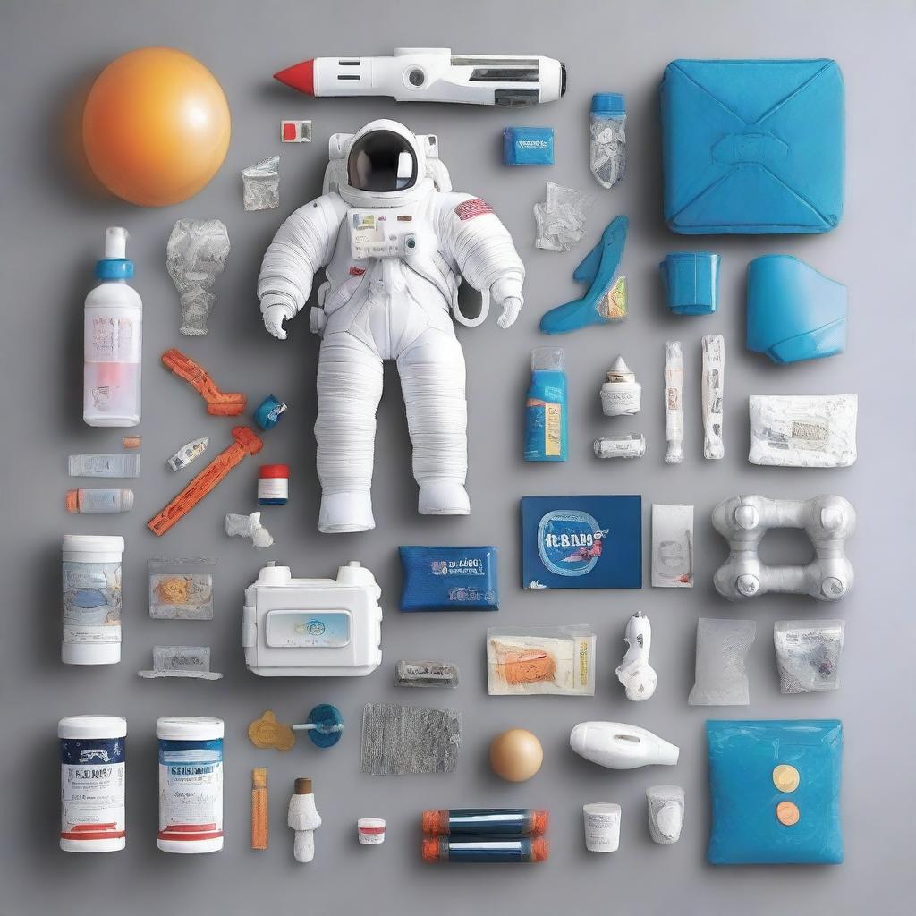 A starter kit for an aspiring space explorer, including a futuristic spacesuit, a sleek laser blaster, high-tech gadgets, a compact spaceship model, star maps, and a variety of astronaut food