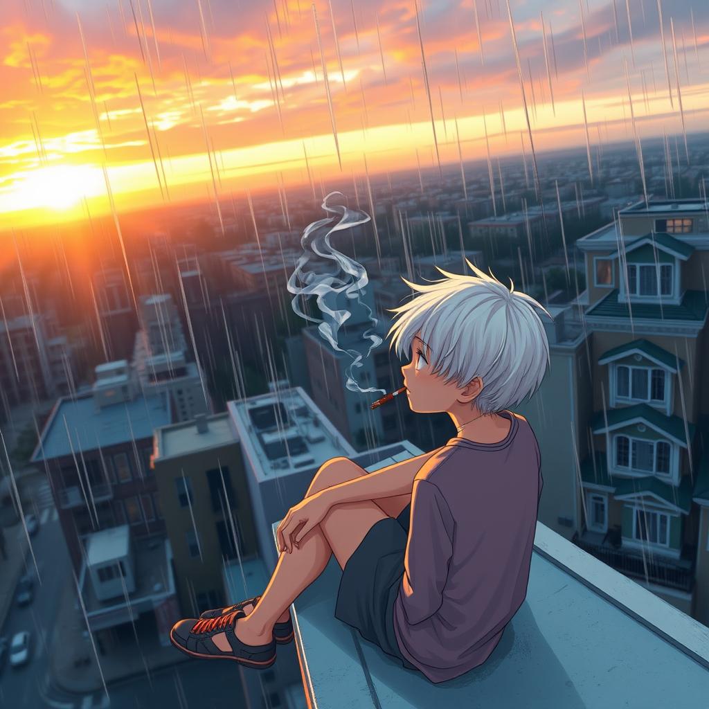 A short teenager with white hair holding a cigarette from which smoke is curling, sitting on the edge of a tall building's roof