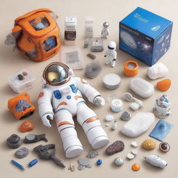 A starter kit for an aspiring space explorer, including a futuristic spacesuit, a sleek laser blaster, high-tech gadgets, a compact spaceship model, star maps, and a variety of astronaut food