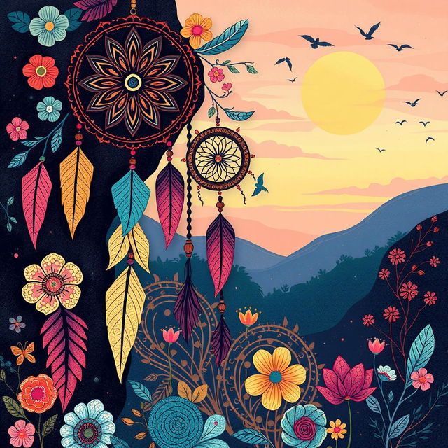 A boho-inspired illustration infused with artistic flair, showcasing a free-spirited and whimsical scene