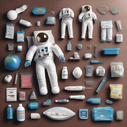 A starter kit for an aspiring space explorer, including a futuristic spacesuit, a sleek laser blaster, high-tech gadgets, a compact spaceship model, star maps, and a variety of astronaut food