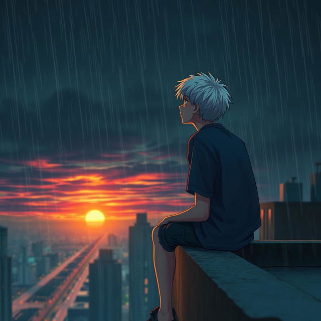 A teenage boy with white hair sitting on the edge of a tall building's rooftop, gazing into the dark sky