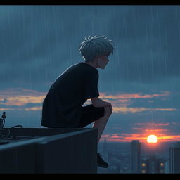 A teenage boy with white hair sitting on the edge of a tall building's rooftop, gazing into the dark sky