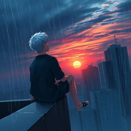 A teenage boy with white hair sitting on the edge of a tall building's rooftop, gazing into the dark sky
