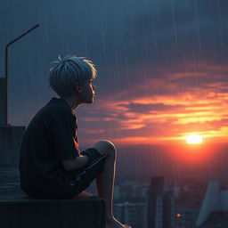 A teenage boy with white hair sitting on the edge of a tall building's rooftop, gazing into the dark sky