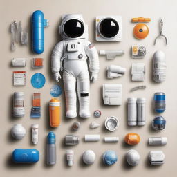 A starter kit for an aspiring space explorer, including a futuristic spacesuit, a sleek laser blaster, high-tech gadgets, a compact spaceship model, star maps, and a variety of astronaut food