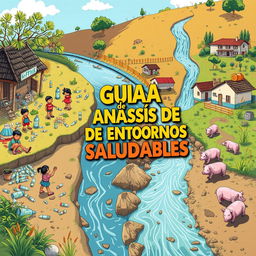 A visually striking digital illustration capturing a community by a clean stream with stark contrasts