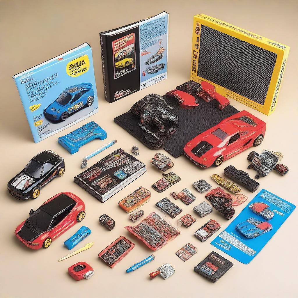 A boy racer starter kit featuring a collection of miniature fast cars, couple of car modification tools, racer outfit, a set of racing video game cover, and a beginners guideline book on racing