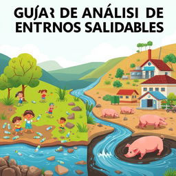 A dynamic digital illustration showcasing a community beside a clean stream, featuring distinct contrasting elements