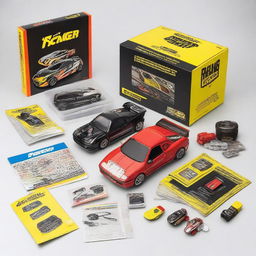 A boy racer starter kit featuring a collection of miniature fast cars, couple of car modification tools, racer outfit, a set of racing video game cover, and a beginners guideline book on racing