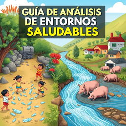 A dynamic digital illustration showcasing a community beside a clean stream, featuring distinct contrasting elements