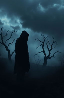A dark and mysterious interpretation of "o lado negro do amor", featuring a shadowy figure standing in a desolate landscape, surrounded by swirling mist and ominous shadows