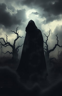 A dark and mysterious interpretation of "o lado negro do amor", featuring a shadowy figure standing in a desolate landscape, surrounded by swirling mist and ominous shadows