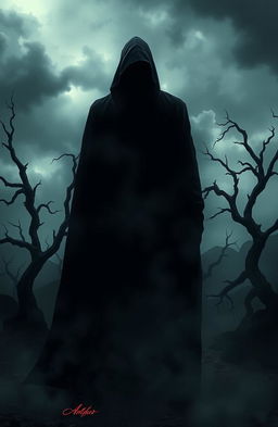 A dark and mysterious interpretation of "o lado negro do amor", featuring a shadowy figure standing in a desolate landscape, surrounded by swirling mist and ominous shadows