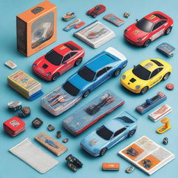 A boy racer starter kit featuring a collection of miniature fast cars, couple of car modification tools, racer outfit, a set of racing video game cover, and a beginners guideline book on racing